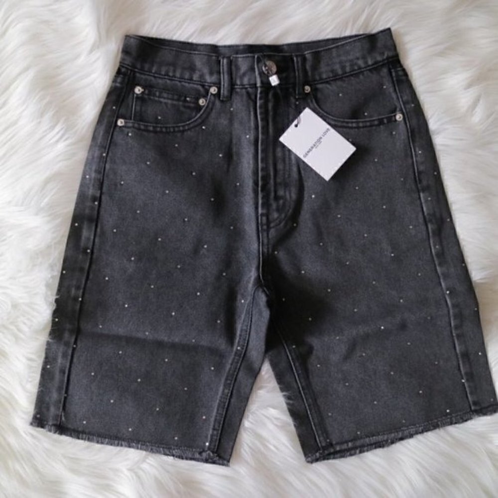 NWT Generation Love Freya Crystal High Rise Black Denim Jean Shorts Size XXS